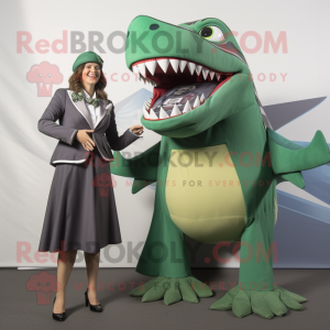 Green Megalodon mascot costume character dressed with a A-Line Skirt and Lapel pins