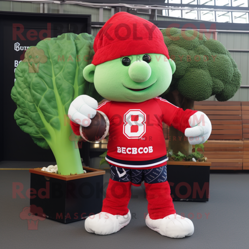 Red Broccoli mascot costume character dressed with a Rugby Shirt and Beanies Red Broccoli mascot costume character dressed with a Rugby Shirt and Beanies