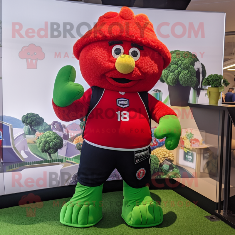 Red Broccoli mascot costume character dressed with a Rugby Shirt and Beanies