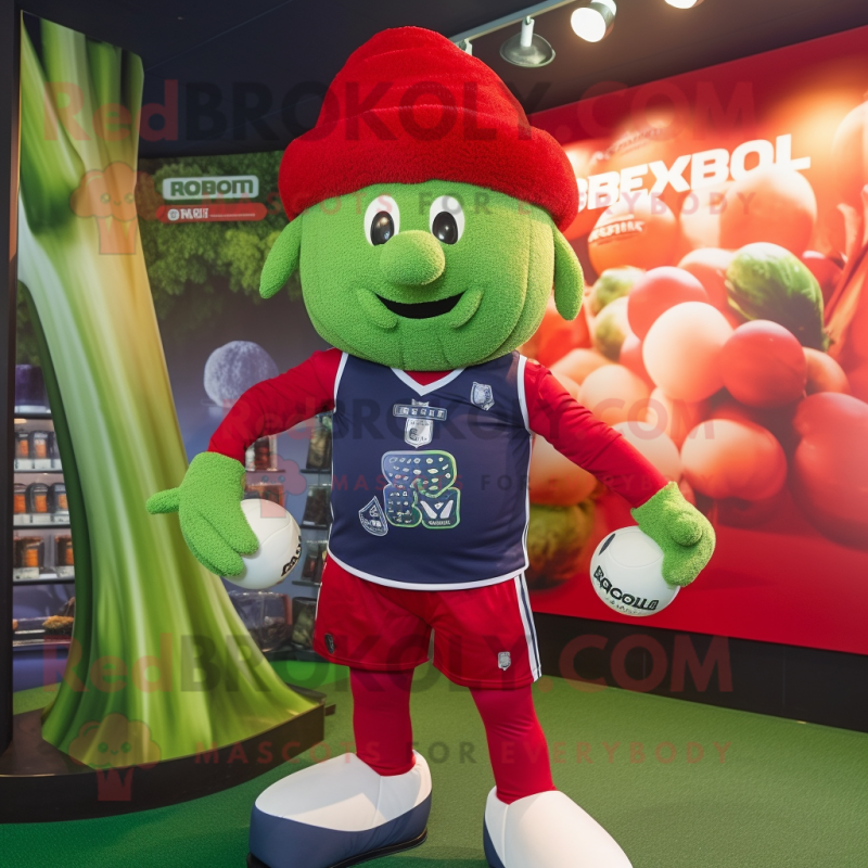 Red Broccoli mascot costume character dressed with a Rugby Shirt and Beanies