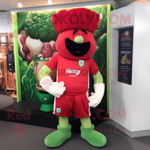 Red Broccoli mascot costume character dressed with a Rugby Shirt and Beanies