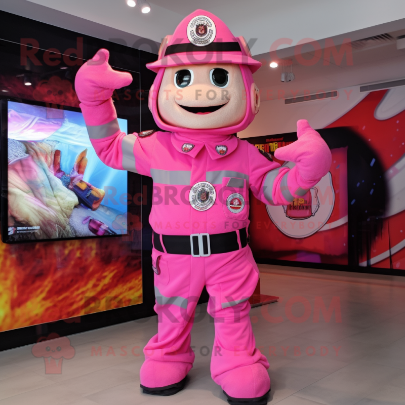 Pink Fire Fighter mascot costume character dressed with a Romper and Bracelets Pink Fire Fighter mascot costume character dressed with a Romper and Bracelets
