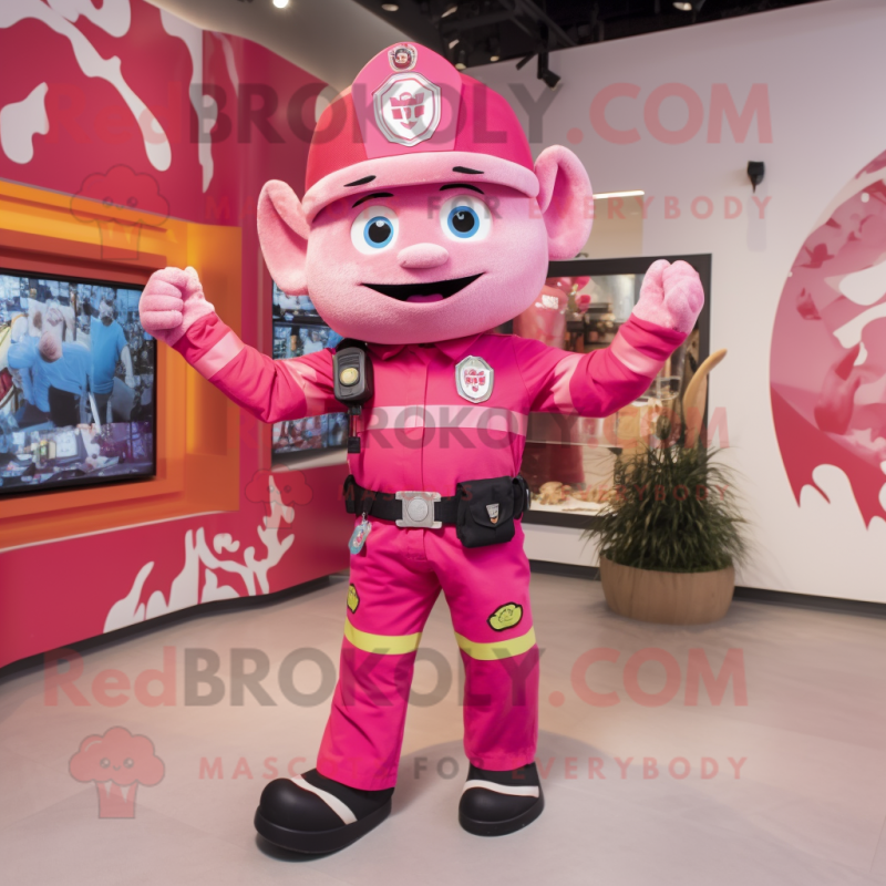 Pink Fire Fighter mascot costume character dressed with a Romper and Bracelets Pink Fire Fighter mascot costume character dressed with a Romper and Bracelets