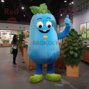 Cyan Celery mascot costume character dressed with a Denim Shirt and Watches