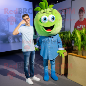 Cyan Celery mascot costume character dressed with a Denim Shirt and Watches