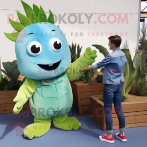 Cyan Celery mascot costume character dressed with a Denim Shirt and Watches