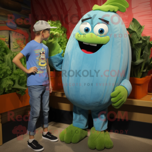 Cyan Celery mascot costume character dressed with a Denim Shirt and Watches
