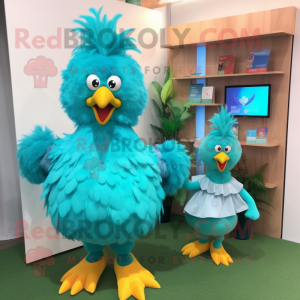 Turquoise Chicken mascot costume character dressed with a A-Line Dress and Hair clips