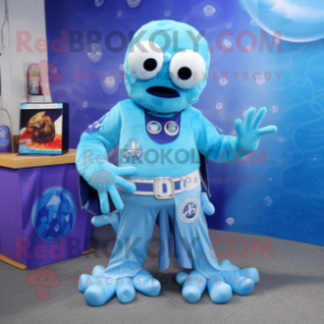 Sky Blue Kraken mascot costume character dressed with a Rash Guard and Cufflinks