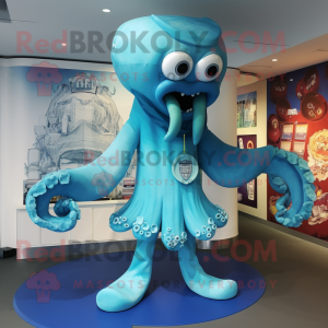 Sky Blue Kraken mascot costume character dressed with a Rash Guard and Cufflinks