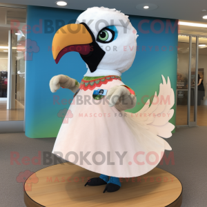 Cream Macaw mascot costume character dressed with a Circle Skirt and Earrings