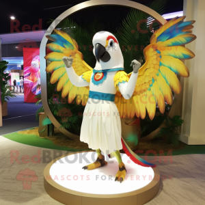Cream Macaw mascot costume character dressed with a Circle Skirt and Earrings