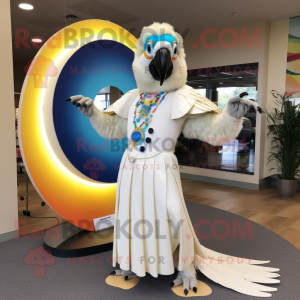 Cream Macaw mascot costume character dressed with a Circle Skirt and Earrings