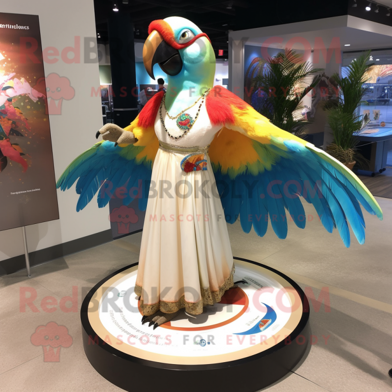 Cream Macaw mascot costume character dressed with a Circle Skirt and Earrings Cream Macaw mascot costume character dressed with a Circle Skirt and Earrings