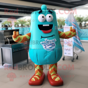 Cyan Bbq Ribs mascot costume character dressed with a One-Piece Swimsuit and Keychains