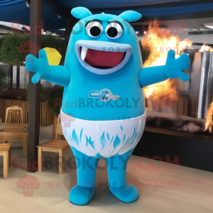 Cyan Bbq Ribs mascot costume character dressed with a One-Piece Swimsuit and Keychains