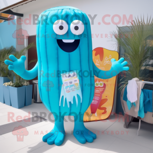 Cyan Bbq Ribs mascot costume character dressed with a One-Piece Swimsuit and Keychains