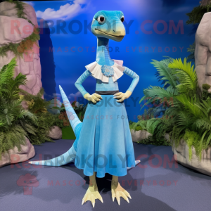 Sky Blue Coelophysis mascot costume character dressed with a Maxi Skirt and Earrings