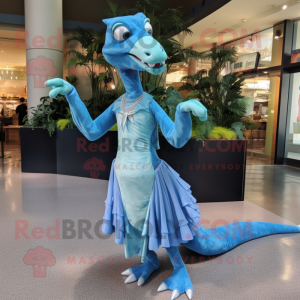 Sky Blue Coelophysis mascot costume character dressed with a Maxi Skirt and Earrings