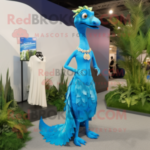 Sky Blue Coelophysis mascot costume character dressed with a Maxi Skirt and Earrings