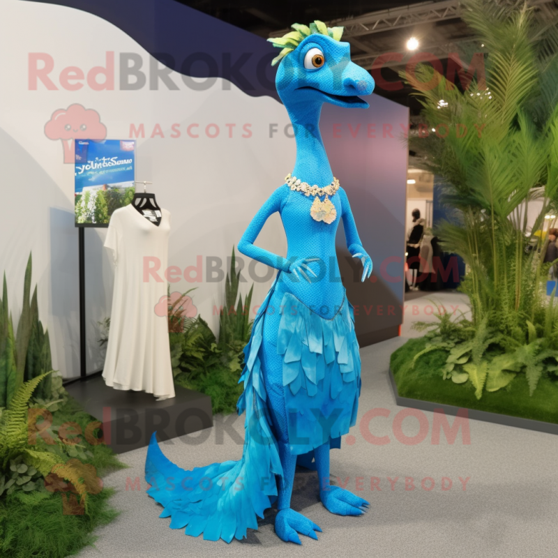 Sky Blue Coelophysis mascot costume character dressed with a Maxi Skirt and Earrings Sky Blue Coelophysis mascot costume character dressed with a Maxi Skirt and Earrings