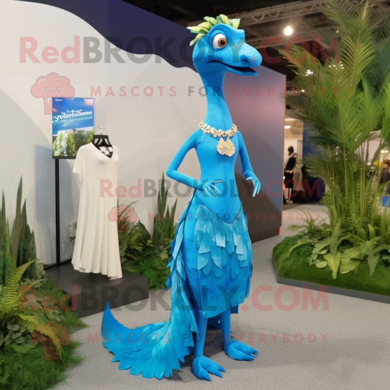 Sky Blue Coelophysis mascot costume character dressed with a Maxi Skirt and Earrings