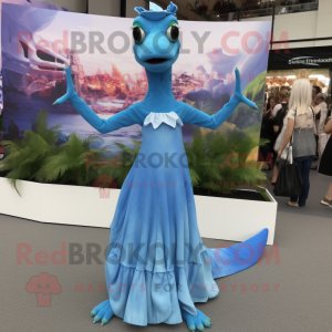 Sky Blue Coelophysis mascot costume character dressed with a Maxi Skirt and Earrings