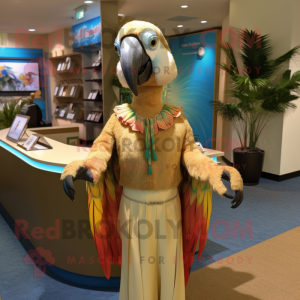Tan Macaw mascot costume character dressed with a Shift Dress and Earrings