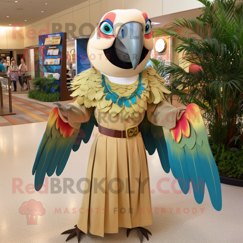 Tan Macaw mascot costume character dressed with a Shift Dress and Earrings