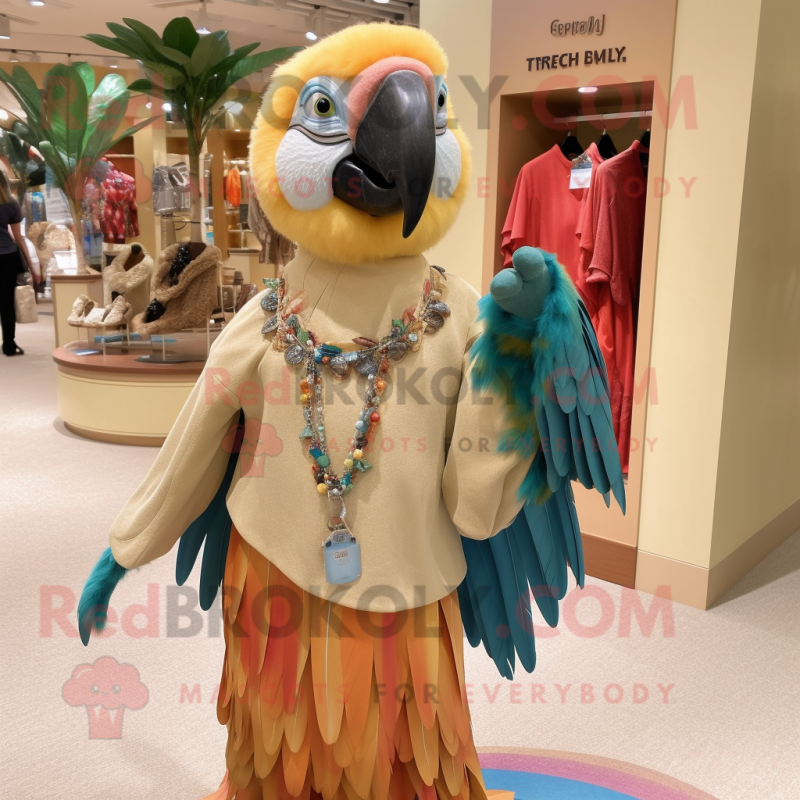 Tan Macaw mascot costume character dressed with a Shift Dress and Earrings