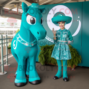 Teal Horseshoe mascot costume character dressed with a Mini Dress and Pocket squares