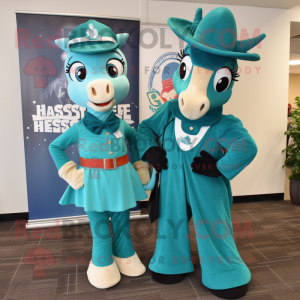 Teal Horseshoe mascot costume character dressed with a Mini Dress and Pocket squares