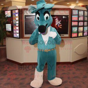 Teal Horseshoe mascot costume character dressed with a Mini Dress and Pocket squares