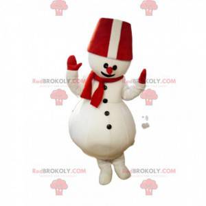 Mascote do boneco de neve com um grande chapéu vermelho -