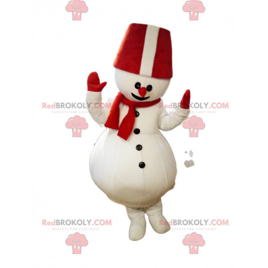 Mascotte de bonhomme de neige avec un grand chapeau rouge -