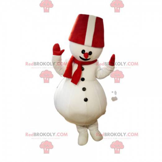 Mascotte de bonhomme de neige avec un grand chapeau rouge -