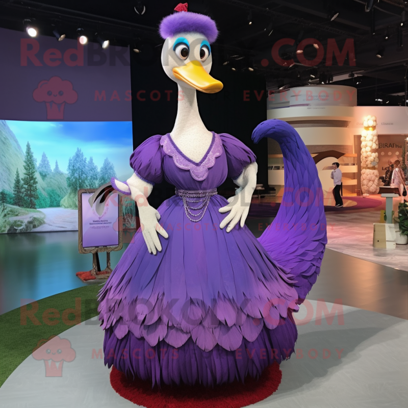 Purple Swans mascot costume character dressed with a Maxi Dress and Hairpins