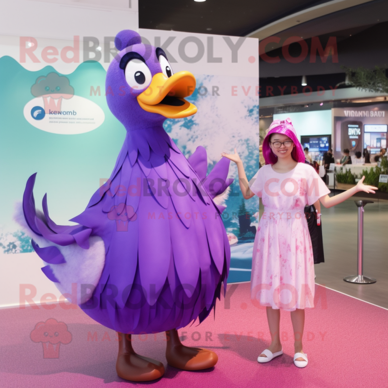 Purple Swans mascot costume character dressed with a Maxi Dress and Hairpins Purple Swans mascot costume character dressed with a Maxi Dress and Hairpins
