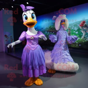 Purple Swans mascot costume character dressed with a Maxi Dress and Hairpins
