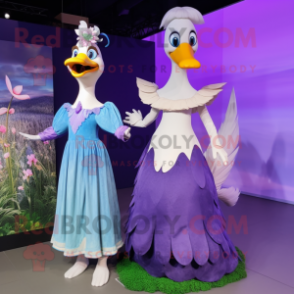 Purple Swans mascot costume character dressed with a Maxi Dress and Hairpins