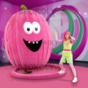 Pink Zucchini mascot costume character dressed with a One-Piece Swimsuit and Rings