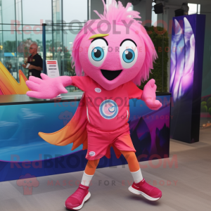 Pink Betta Fish mascot costume character dressed with a Running Shorts and Brooches