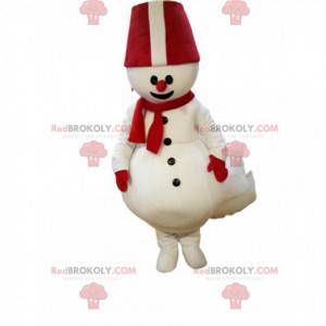 Mascote do boneco de neve com um grande chapéu vermelho -