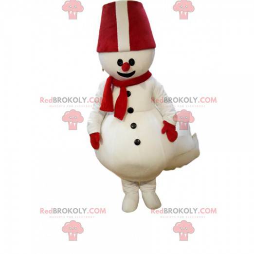 Mascote do boneco de neve com um grande chapéu vermelho -