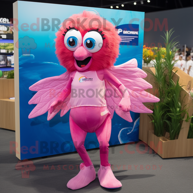 Pink Betta Fish mascot costume character dressed with a Running Shorts and Brooches