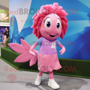 Pink Betta Fish mascot costume character dressed with a Running Shorts and Brooches