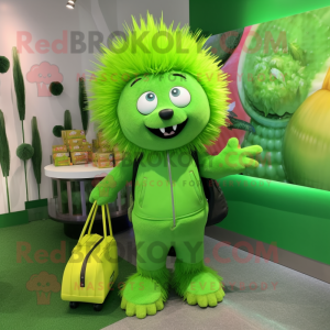 Lime Green Porcupine mascot costume character dressed with a Jumpsuit and Handbags