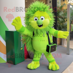 Lime Green Porcupine mascot costume character dressed with a Jumpsuit and Handbags