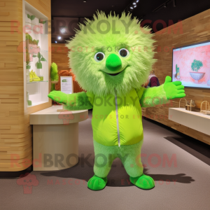 Lime Green Porcupine mascot costume character dressed with a Jumpsuit and Handbags