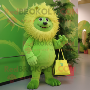 Lime Green Porcupine mascot costume character dressed with a Jumpsuit and Handbags